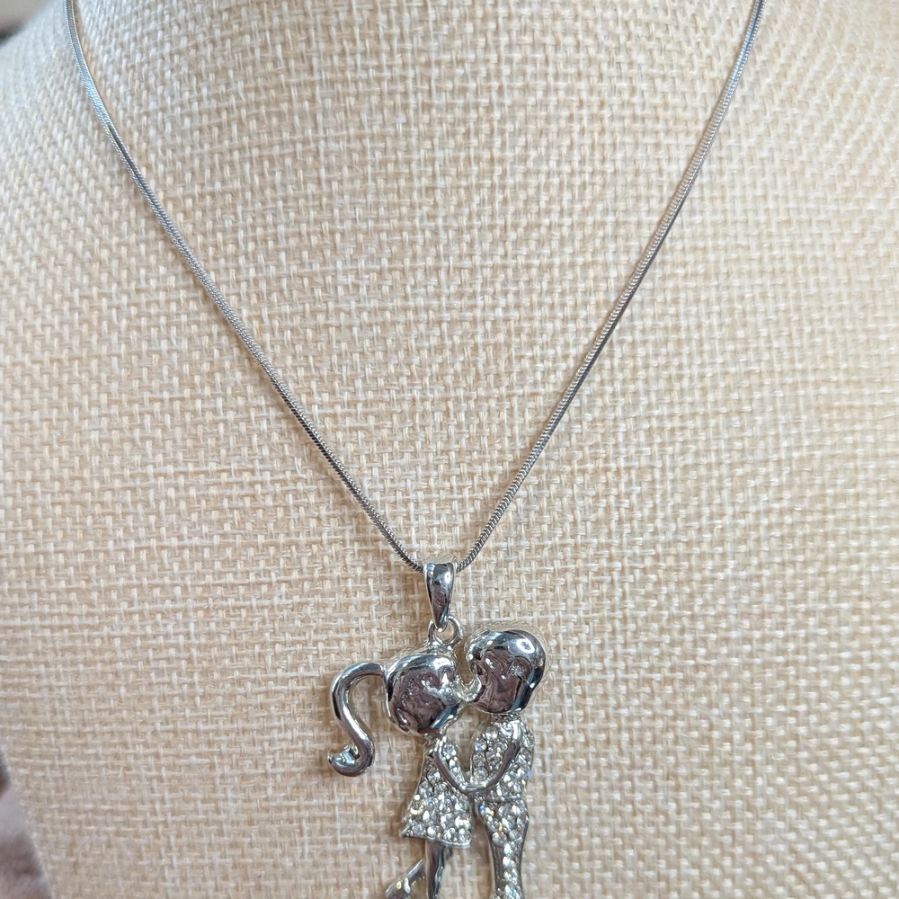 Silver Pendant Necklace with Rhinestone Couple Design
